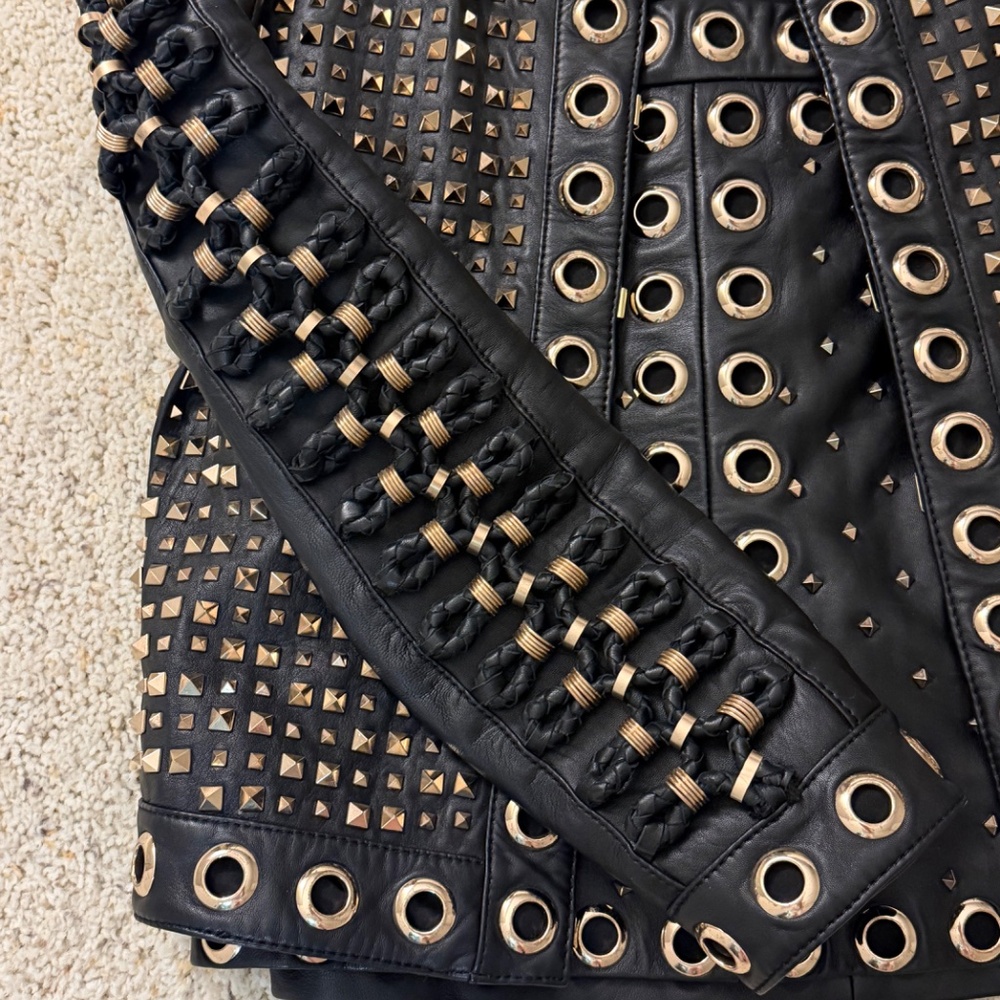 KIDMAN EMBELLISHED LEATHER BOXY JACKET + RILEY A-LINE STUDDED LEATHER SKIRT - Picture 3 of 8